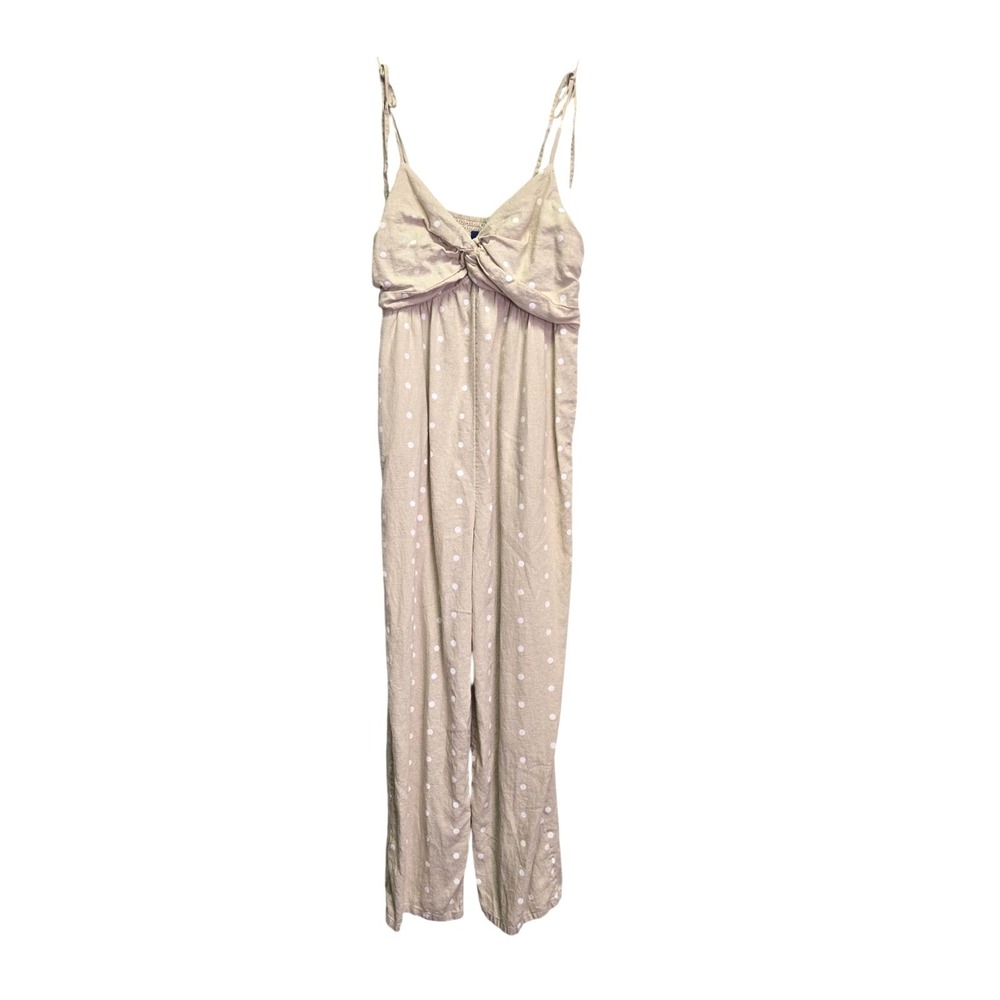 Old Navy Tan Polka Dot Linen Blend Jumpsuit L Cottagecore Coastal Smocked Back